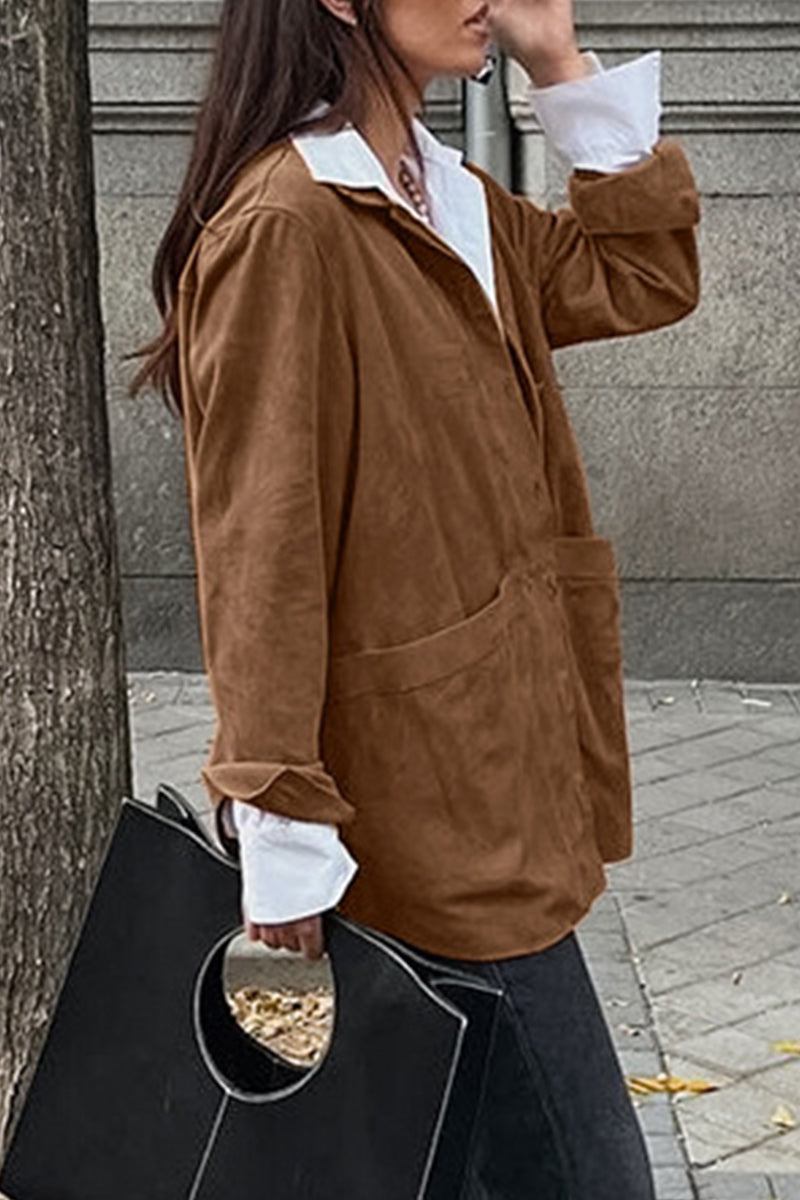 Casual Street Solid Color Pocket Buttons Turndown Collar Outerwear