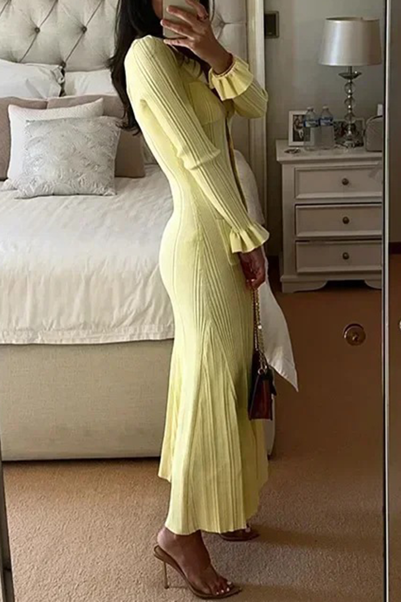 Celebrities Elegant Solid Color Pocket Buckle Ruffle Turndown Collar Long Sleeve Dresses