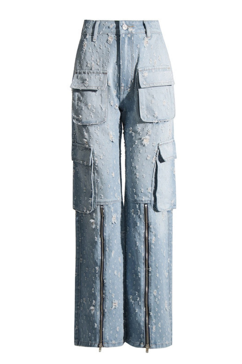 Casual Patchwork Ripped Pocket Zipper Straight Denim Jeans