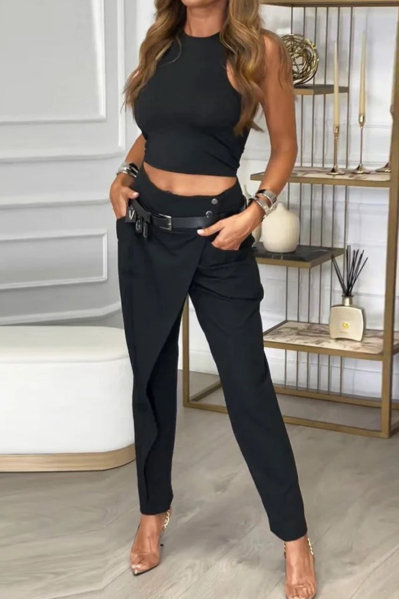 Casual Street Pocket With Belt O Neck Sleeveless Two Pieces