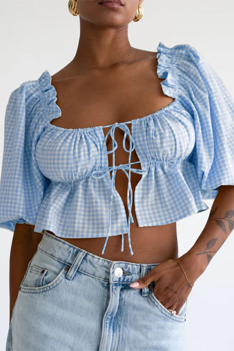 Sexy Daily Plaid Lace Up Patchwork Blouses