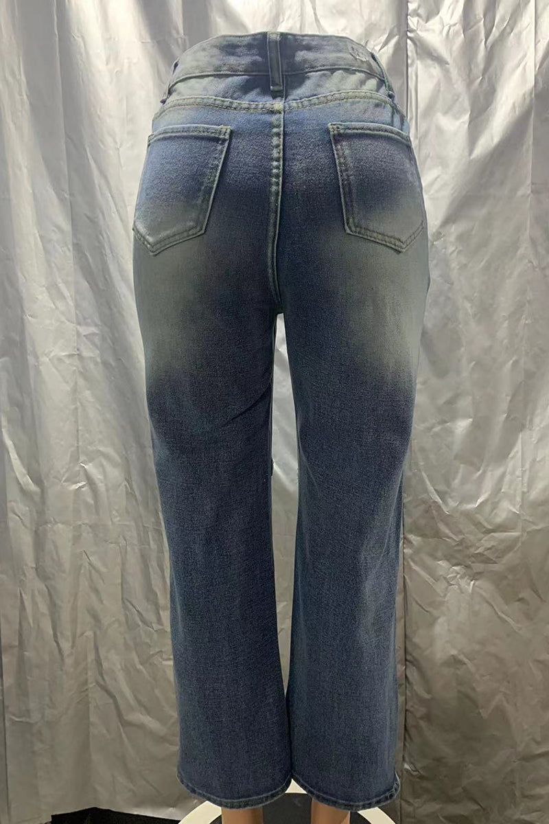 Casual Patchwork Basic High Waist Straight Denim Jeans