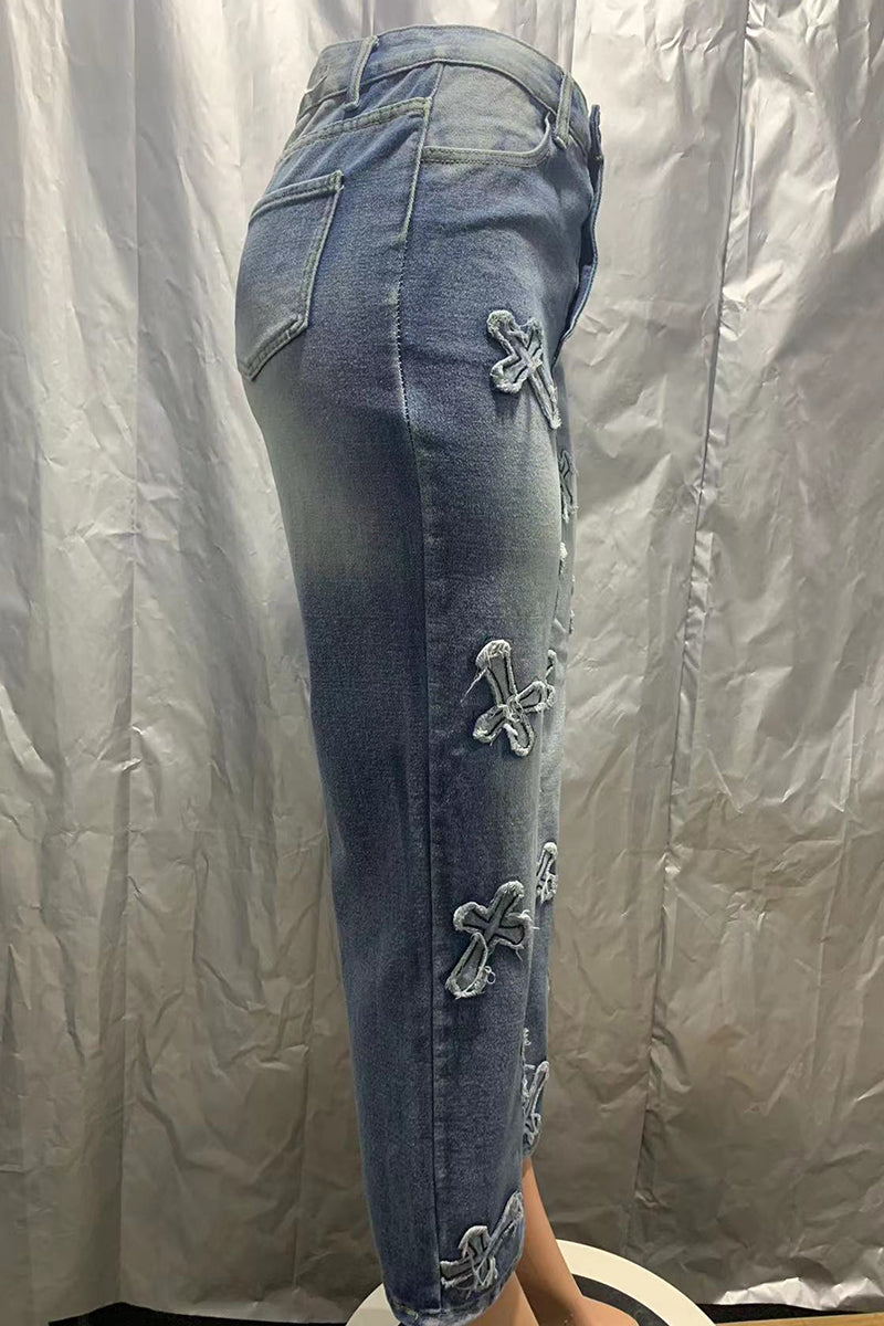 Casual Patchwork Basic High Waist Straight Denim Jeans