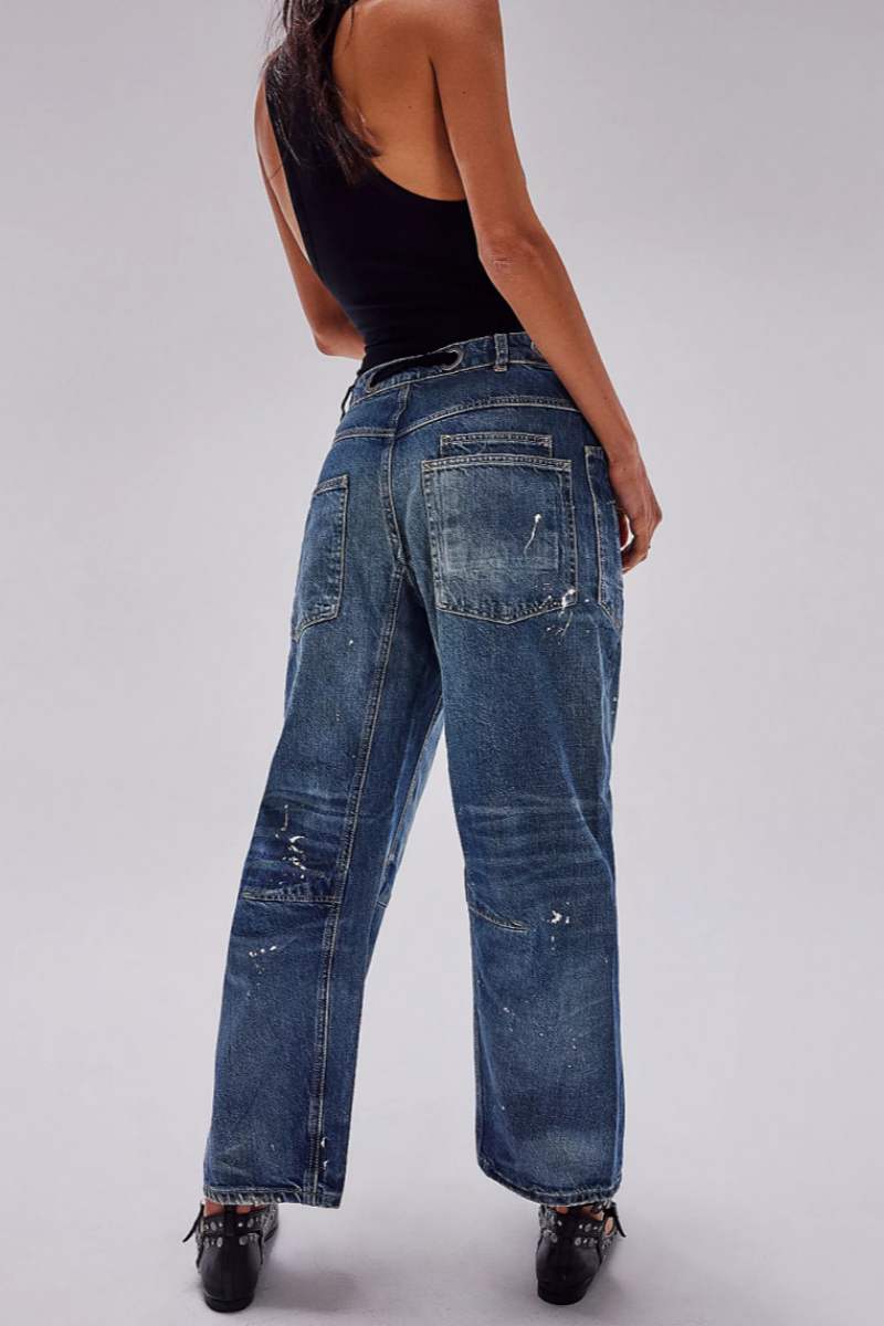 Casual Patchwork Pocket Mid Waist Straight Denim Jeans