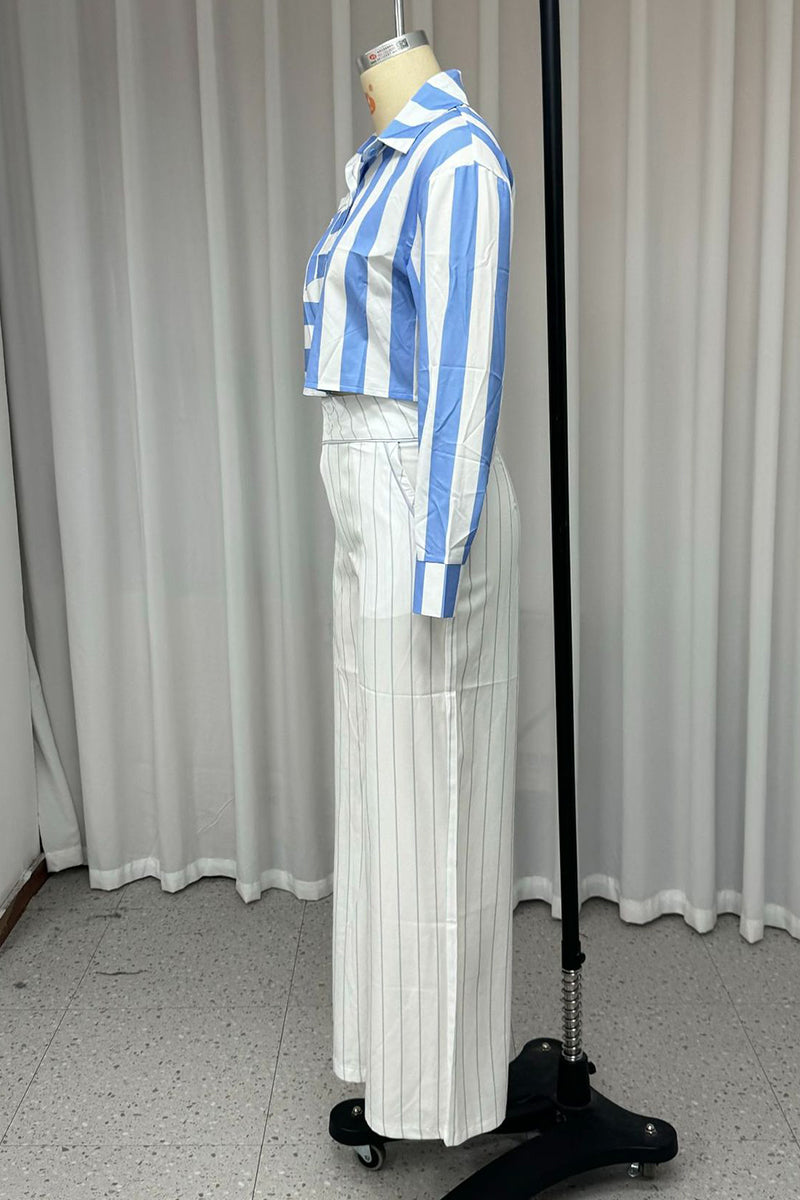 Casual Stripe Buttons Patchwork Contrast Turndown Collar Long Sleeve Two Pieces