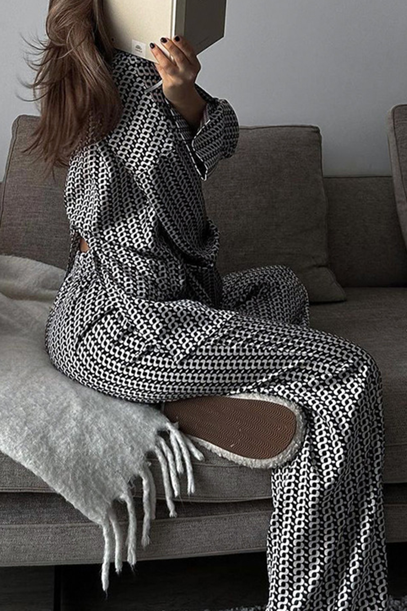 Casual Geometric Print Patchwork Slit Contrast Turndown Collar Long Sleeve Two Pieces