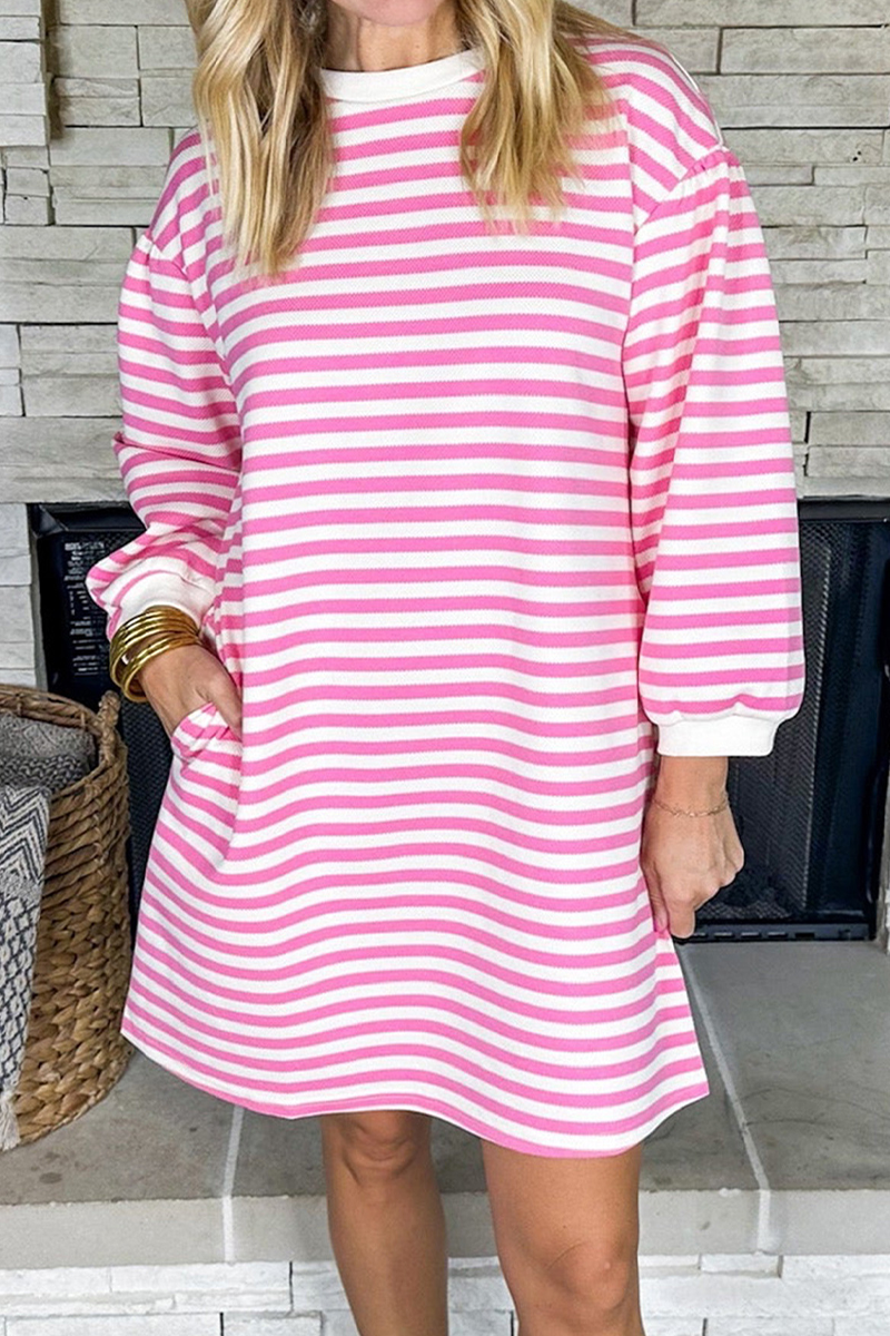 Casual Stripe Pocket Weave Contrast O Neck Long Sleeve Dresses