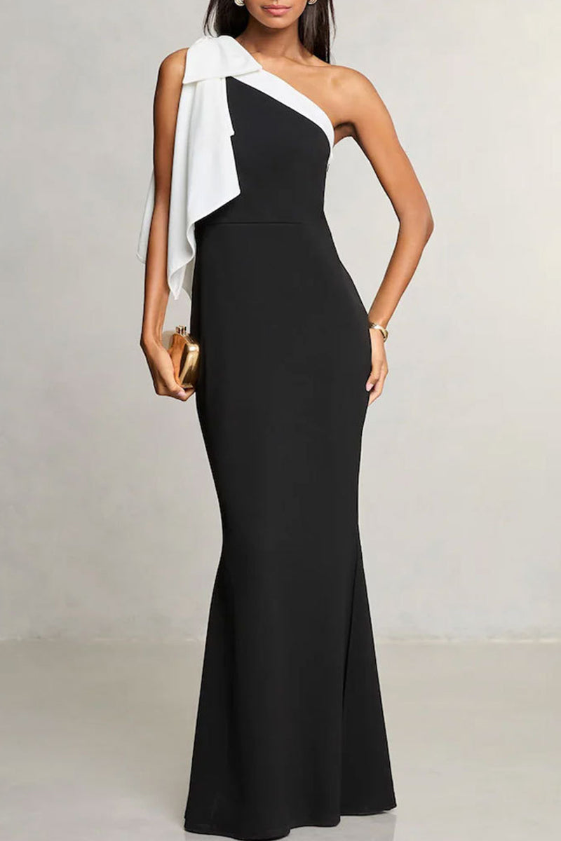 Elegant Patchwork Contrast Oblique Collar Long Dresses