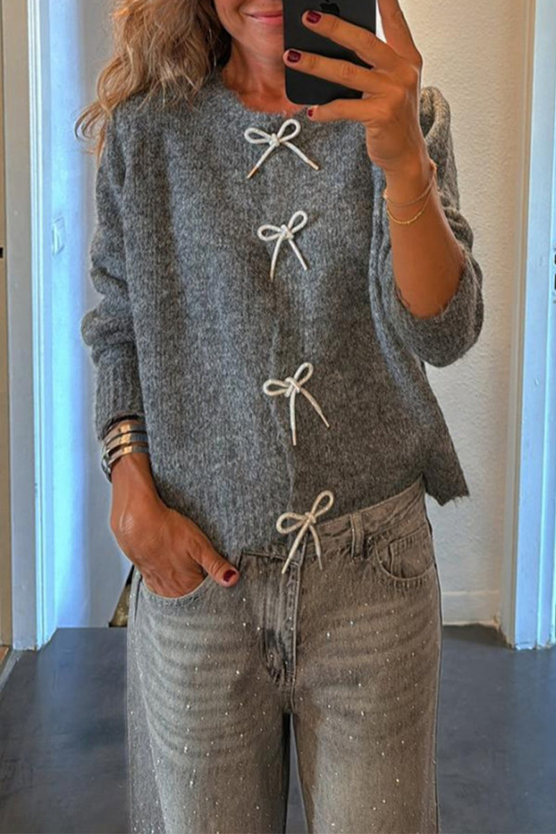 Casual Solid Color Bow Decor O Neck Sweaters