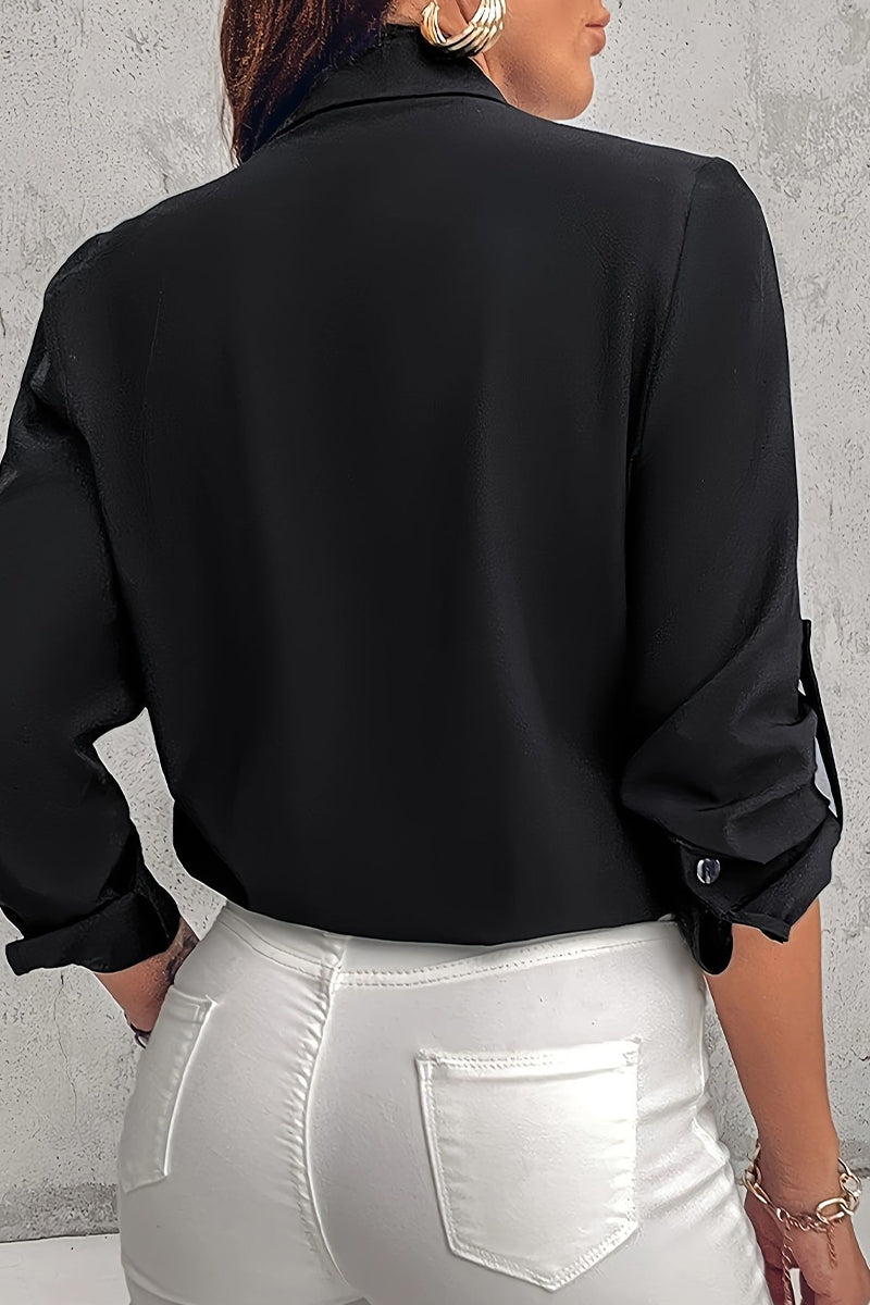 Casual Sequins Pocket Contrast Turndown Collar Blouses