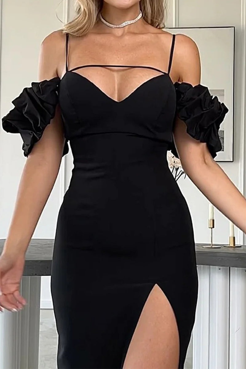 Sexy Ruffle Slit V Neck Sling Dresses