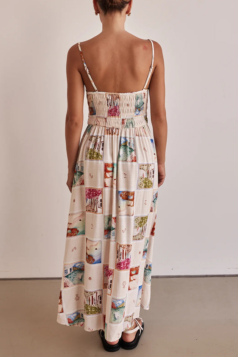 Elegant Landscape printing Contrast Square Neck Sling Dresses