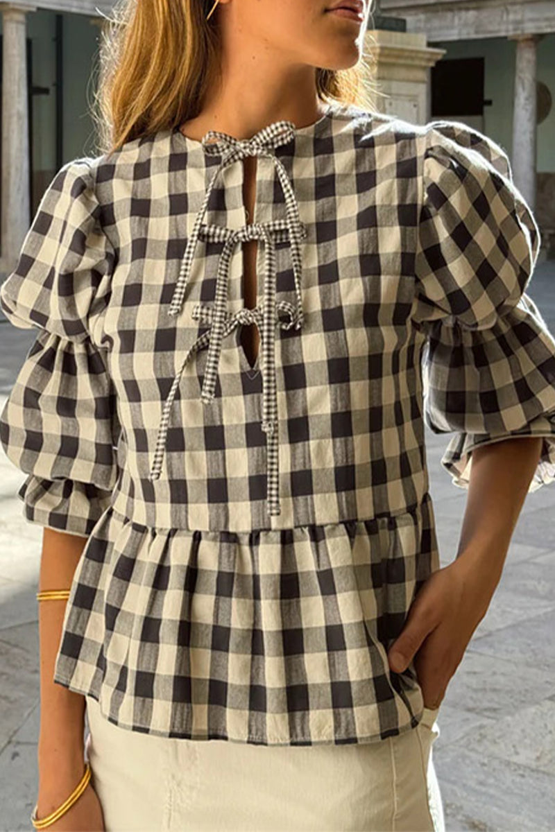 Casual Plaid Lace Up Contrast O Neck Tops