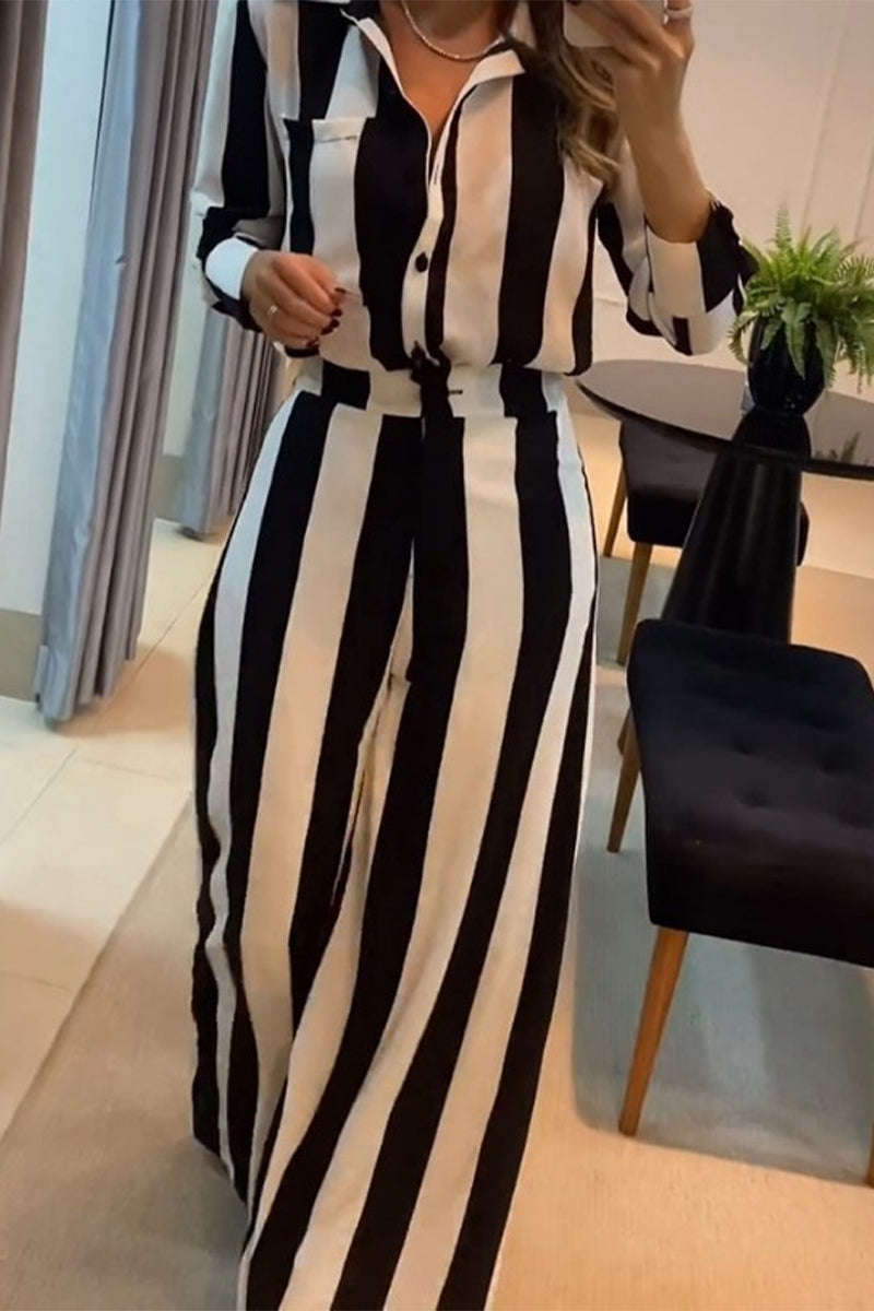 Casual Stripe Pocket Patchwork Contrast Turndown Collar Long Sleeve Two Pieces