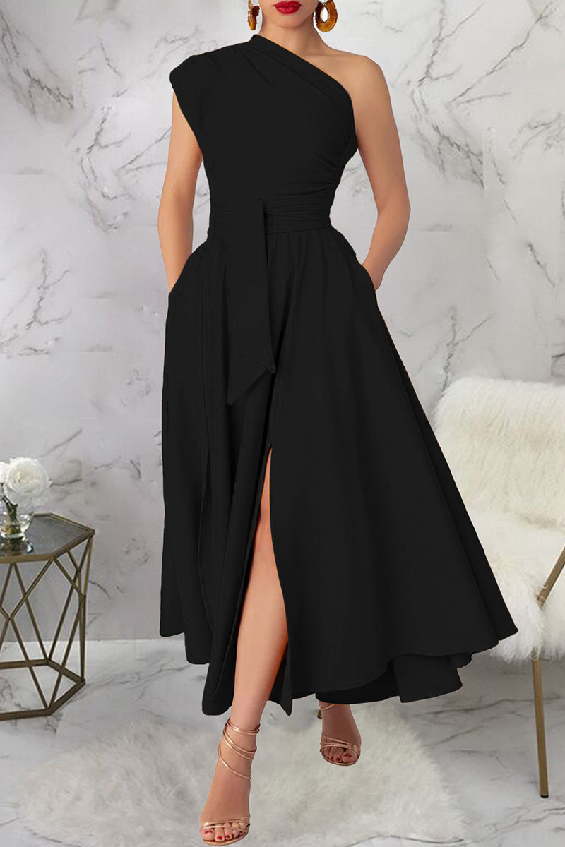 Casual Slit Oblique Collar Long Dresses(3 Colors)