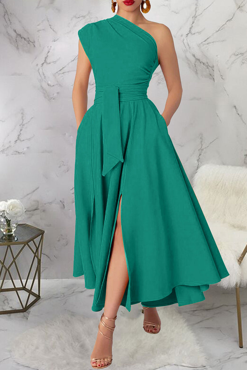 Casual Slit Oblique Collar Long Dresses(3 Colors)