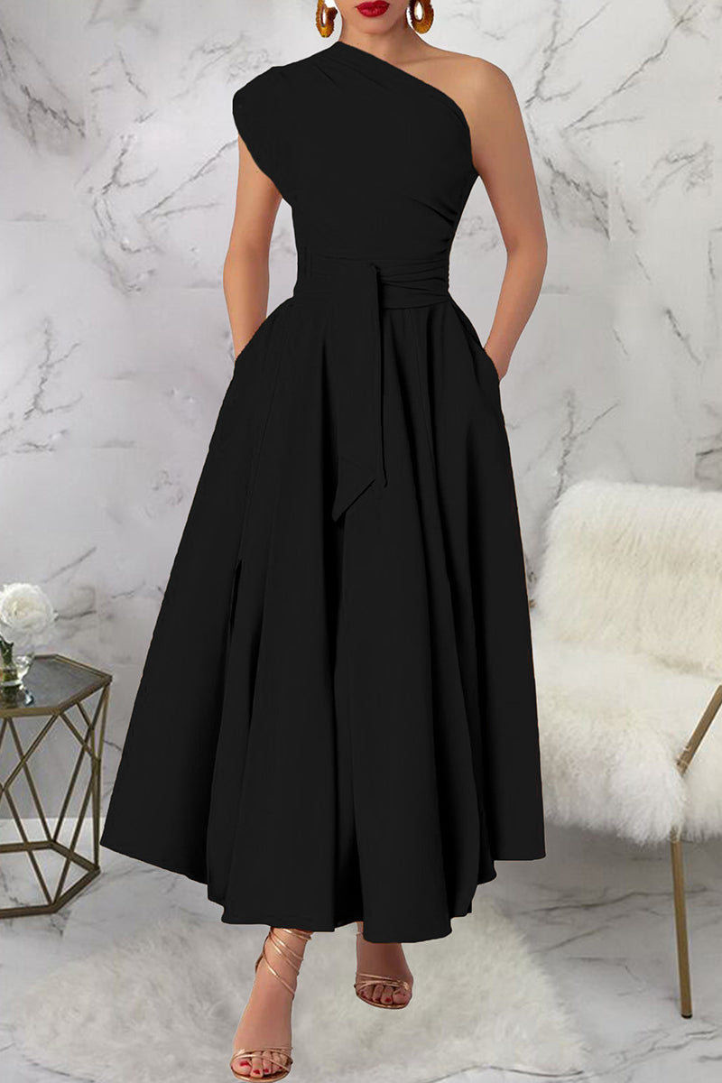 Casual Slit Oblique Collar Long Dresses(3 Colors)