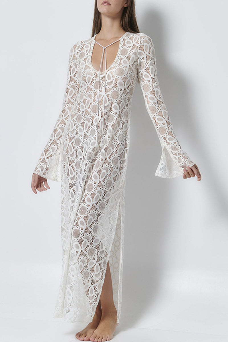 Sexy Lace Up See-Through Slit V Neck Long Sleeve Dresses