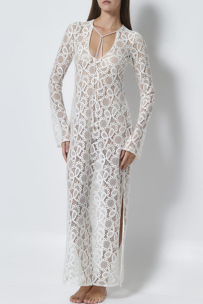 Sexy Lace Up See-Through Slit V Neck Long Sleeve Dresses