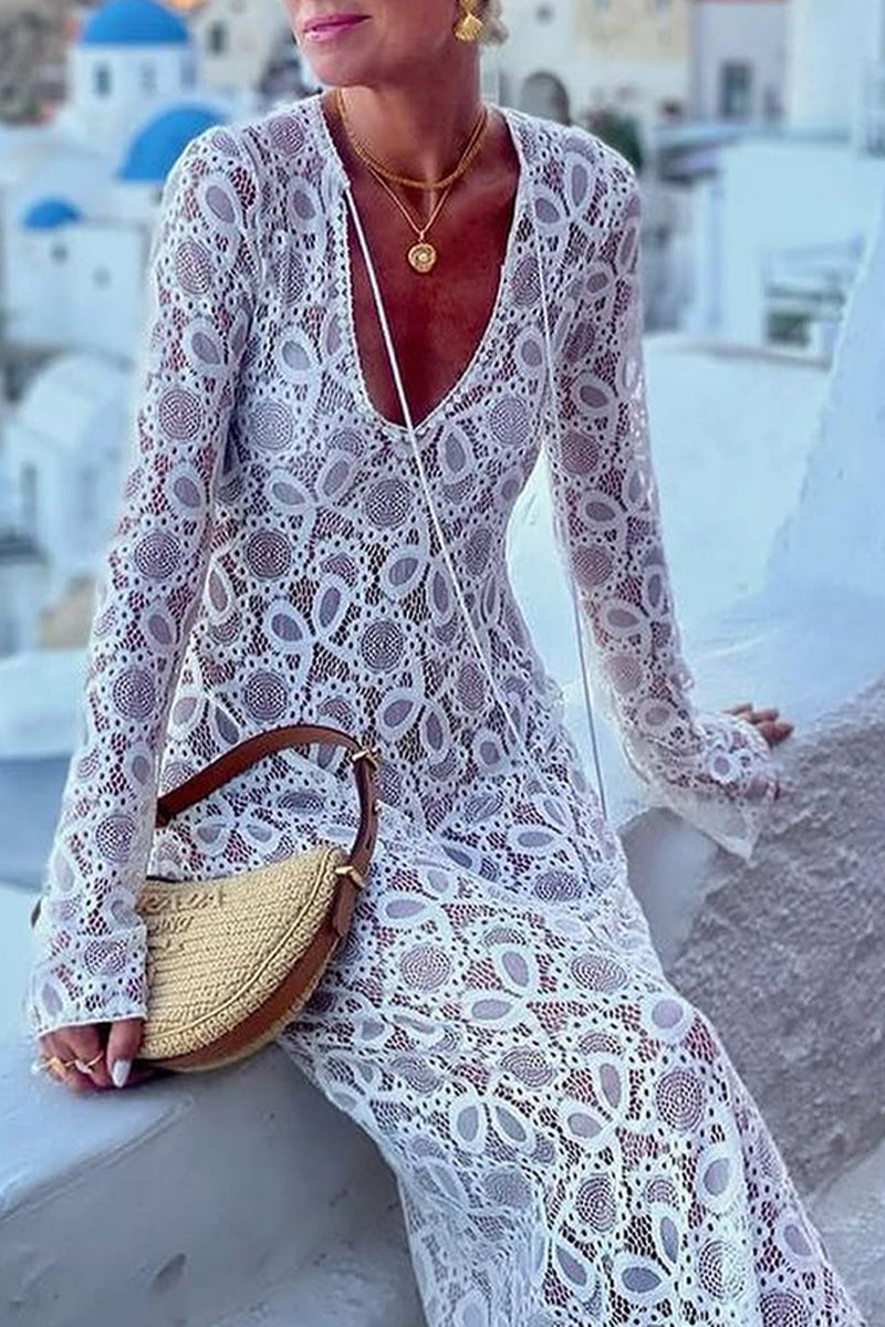 Sexy Lace Up See-Through Slit V Neck Long Sleeve Dresses