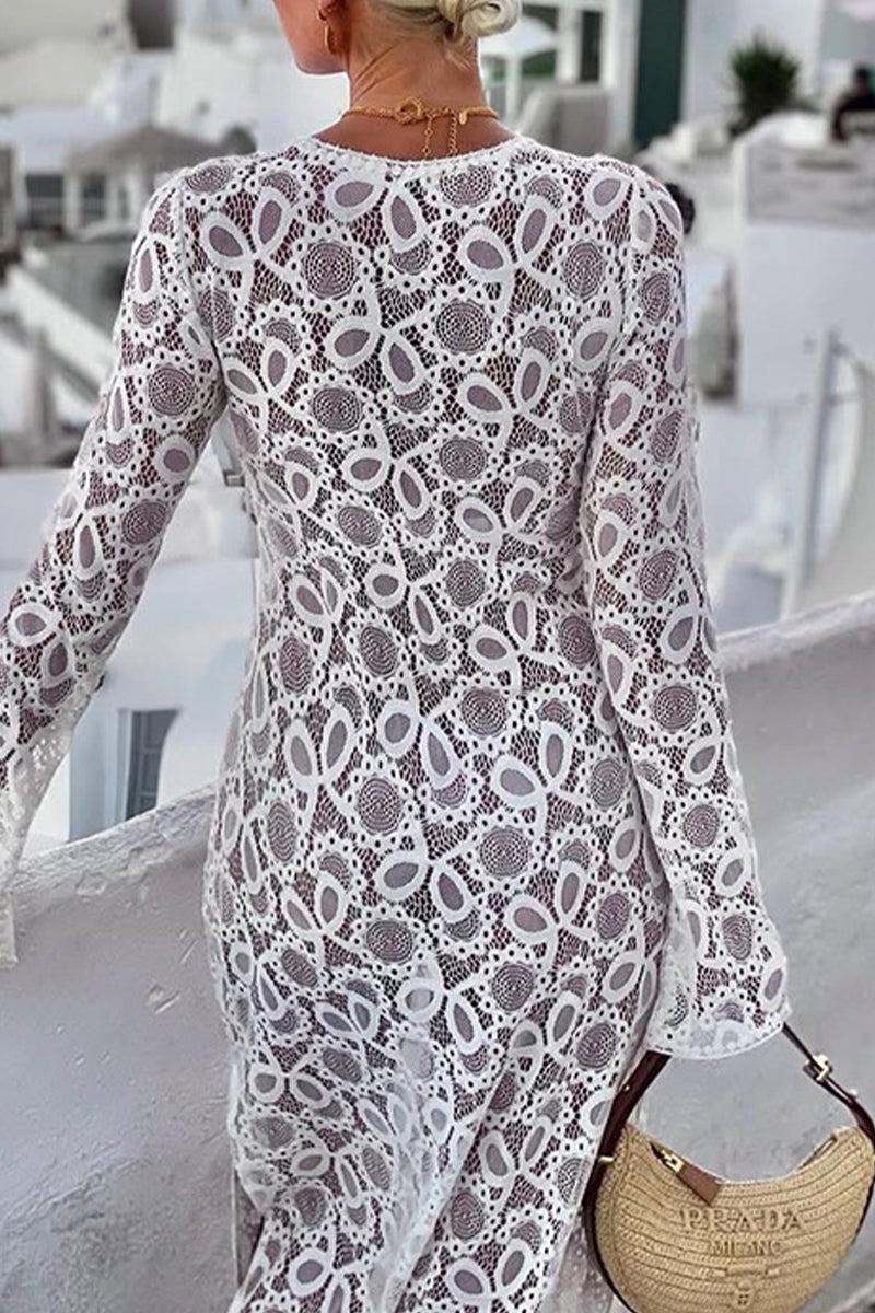 Sexy Lace Up See-Through Slit V Neck Long Sleeve Dresses