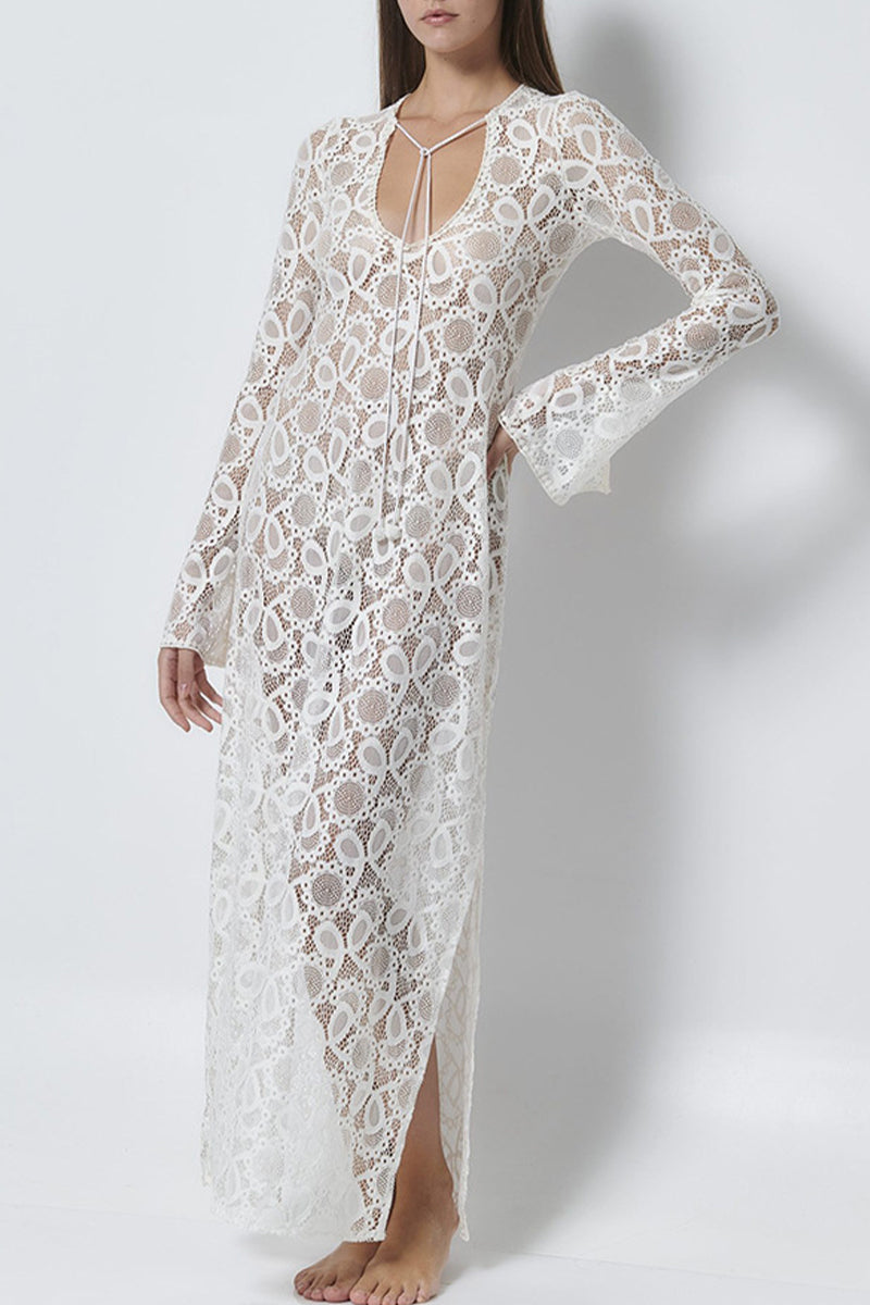 Sexy Lace Up See-Through Slit V Neck Long Sleeve Dresses