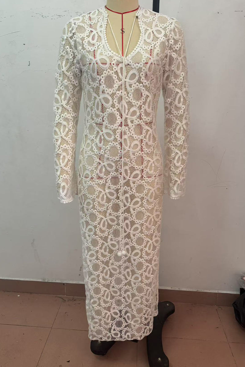 Sexy Lace Up See-Through Slit V Neck Long Sleeve Dresses