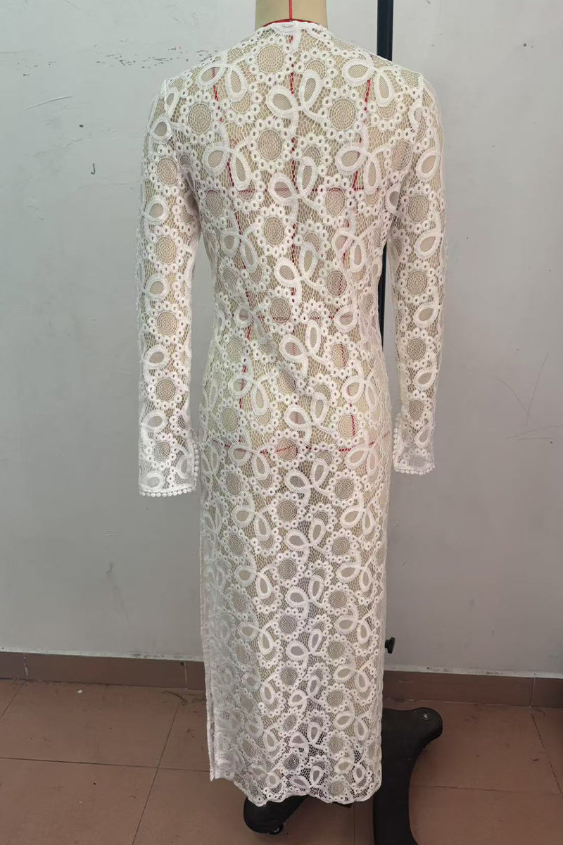 Sexy Lace Up See-Through Slit V Neck Long Sleeve Dresses