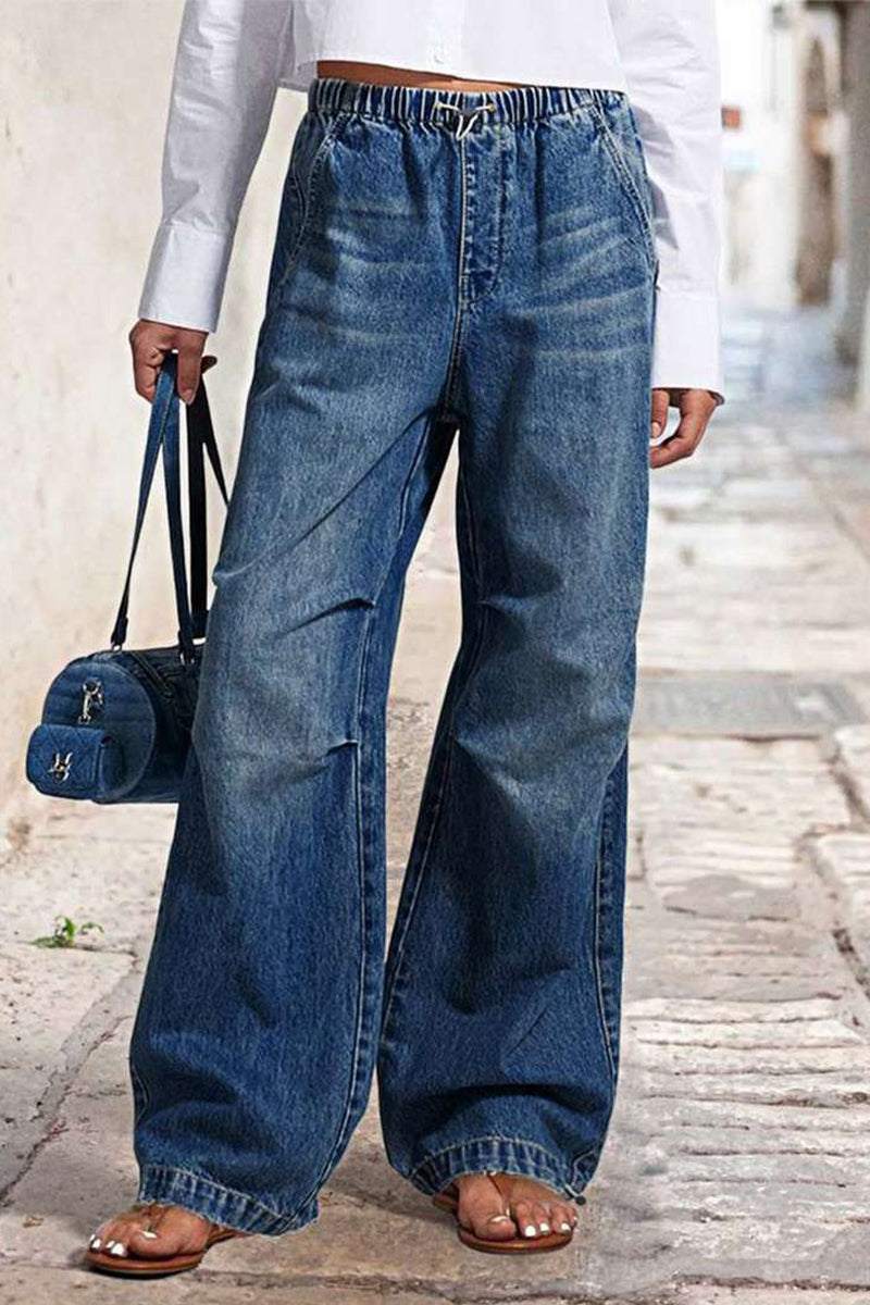 Casual Distressed Draw String Ruched Mid Waist Loose Denim Jeans