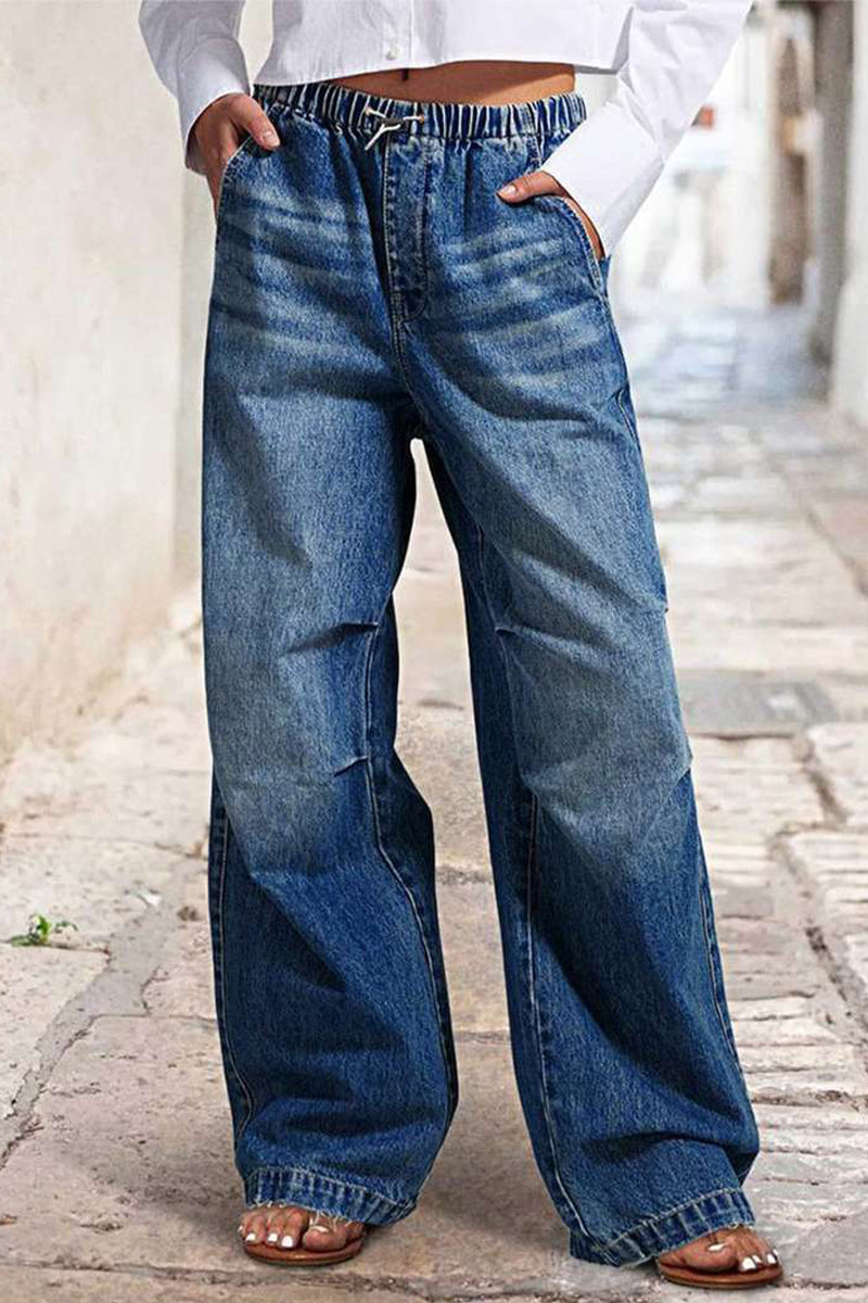 Casual Distressed Draw String Ruched Mid Waist Loose Denim Jeans