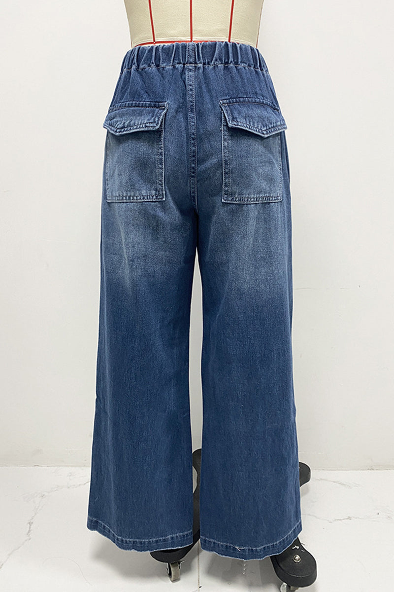 Casual Distressed Draw String Ruched Mid Waist Loose Denim Jeans