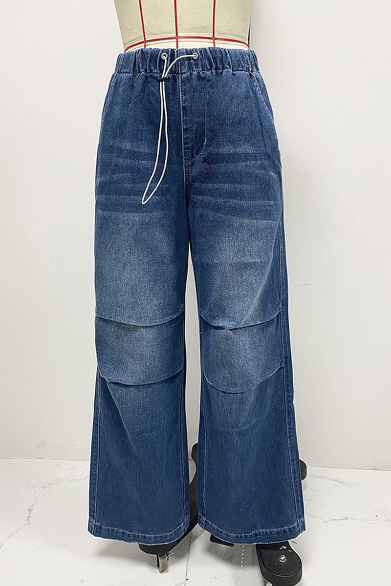 Casual Distressed Draw String Ruched Mid Waist Loose Denim Jeans