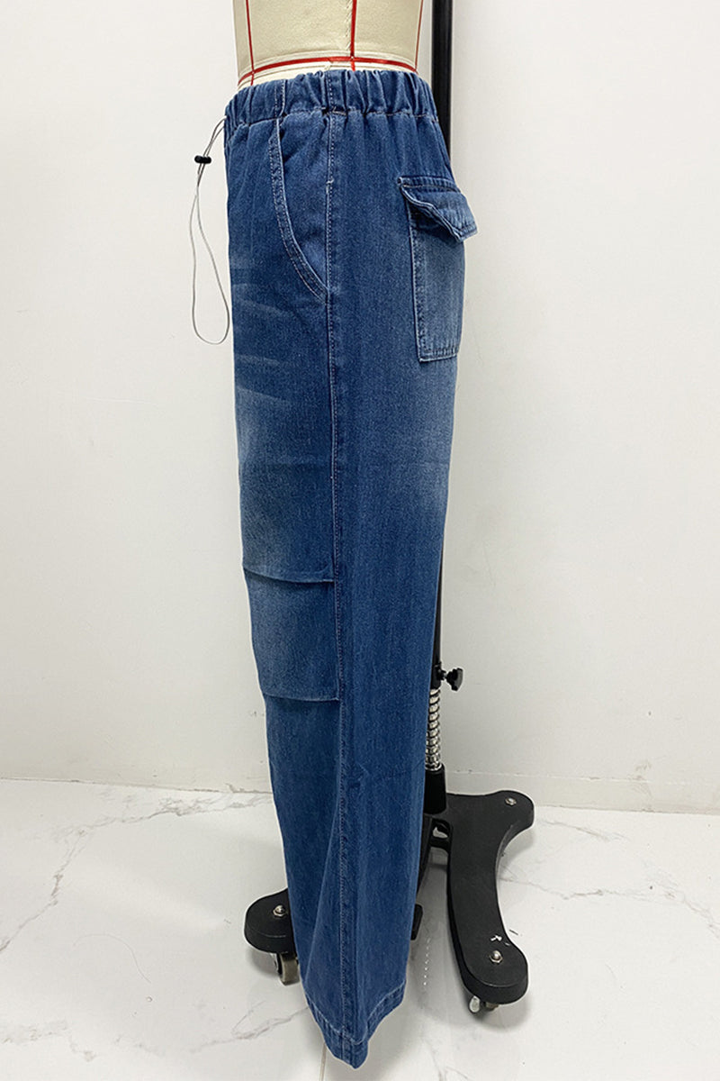 Casual Distressed Draw String Ruched Mid Waist Loose Denim Jeans