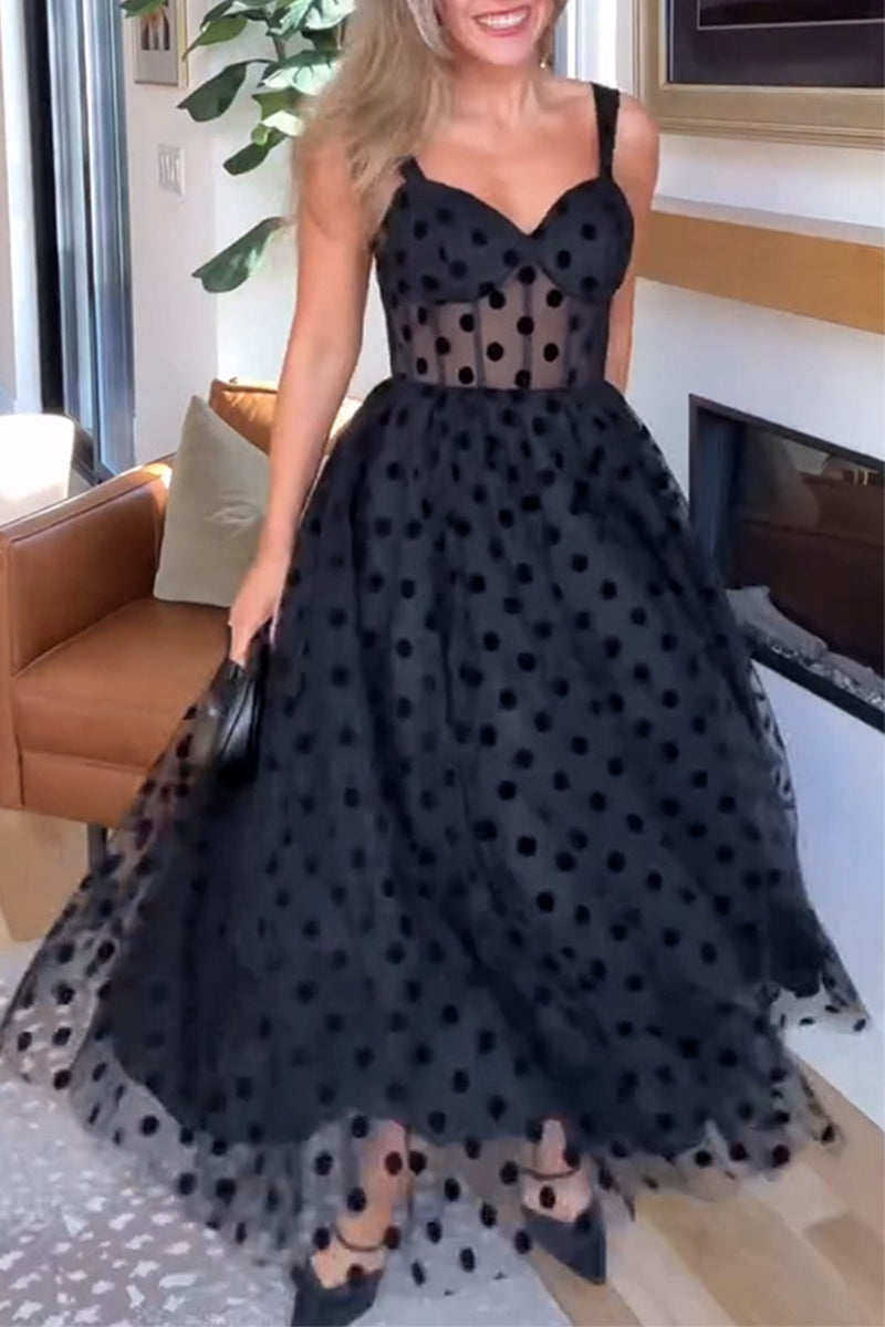 Sexy Polka Dot Mesh Zipper V Neck Evening Dresses