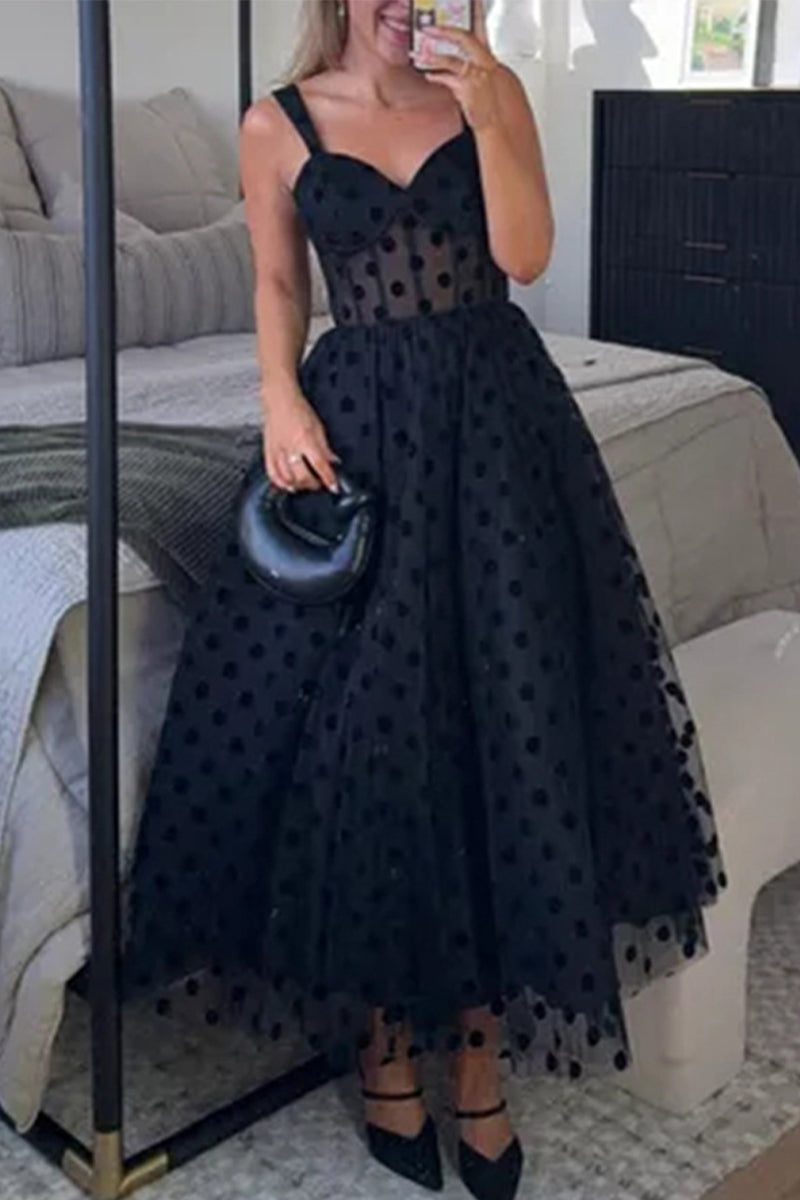 Sexy Polka Dot Mesh Zipper V Neck Evening Dresses