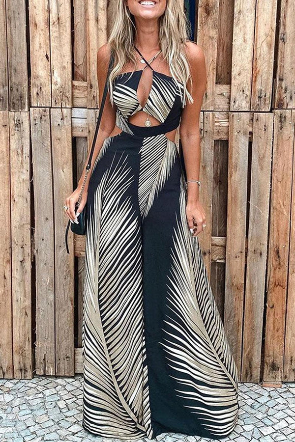 Tropical Palm Leaf Print Cutout Wide Leg Jumpsuit