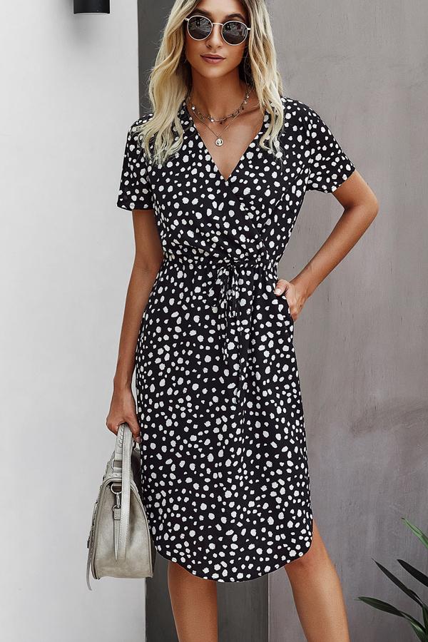 V Neck Print Short Sleeve Tie Waist Casual Dress