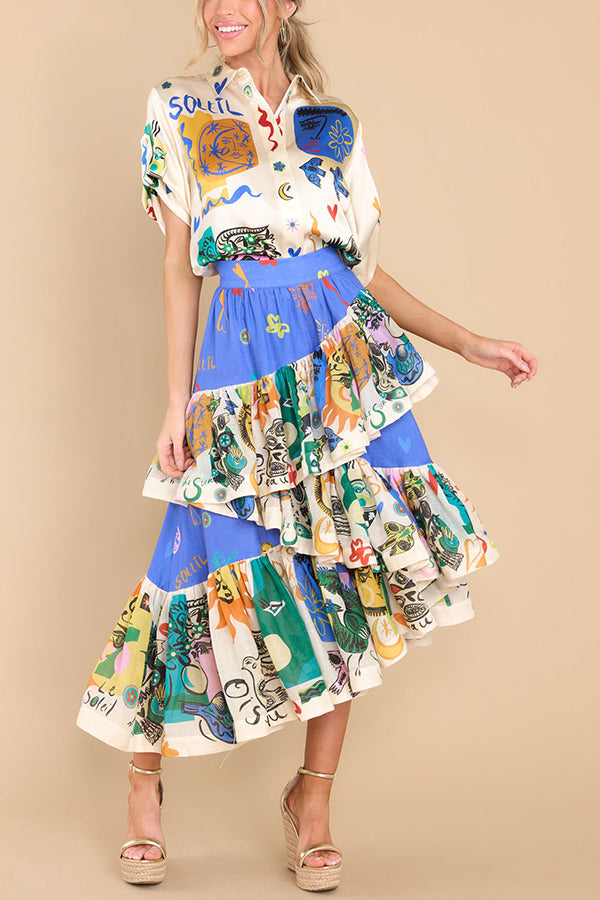 Sandy Sunshine Unique Print Irregular Ruffles Tiered Midi Skirt