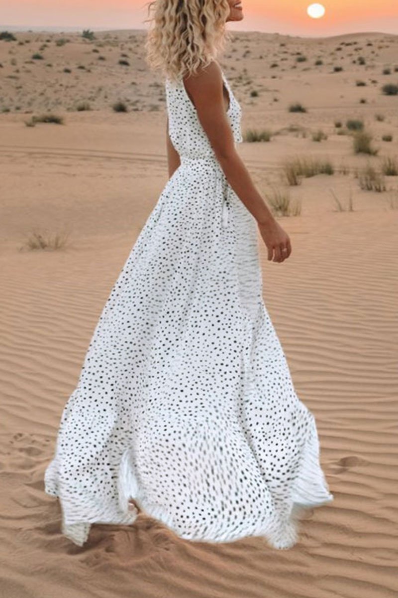 V Neck Dot Printed Floor Length Dress(3 Colors)