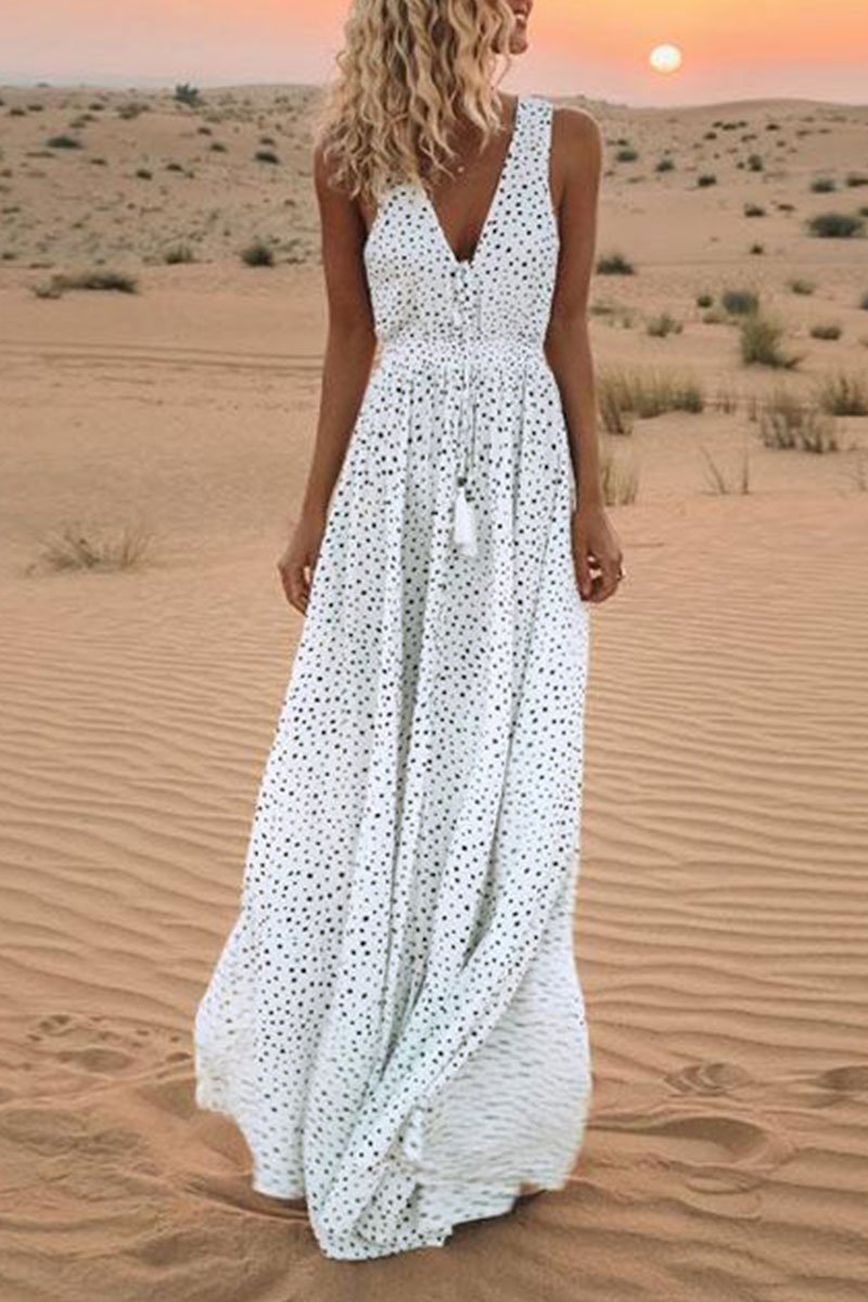 V Neck Dot Printed Floor Length Dress(3 Colors)