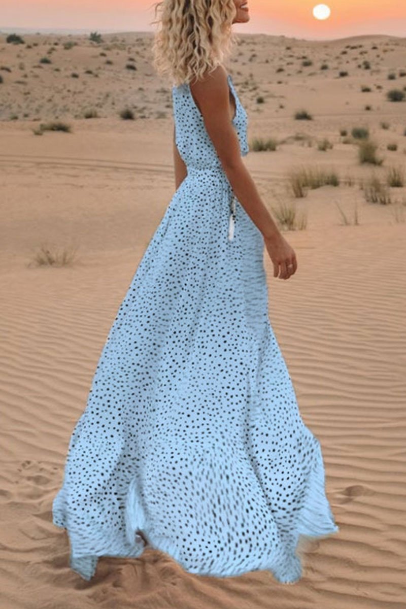 V Neck Dot Printed Floor Length Dress(3 Colors)