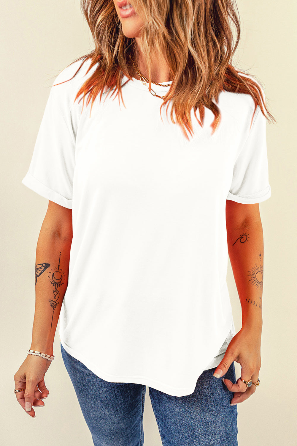 Blue Casual Plain Crew Neck Tee