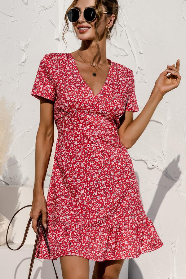 Floral Print High Waist Short Sleeve Mini Dress