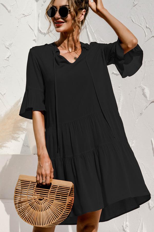 Solid Color High Waisted Flare Sleeve Casual Dress