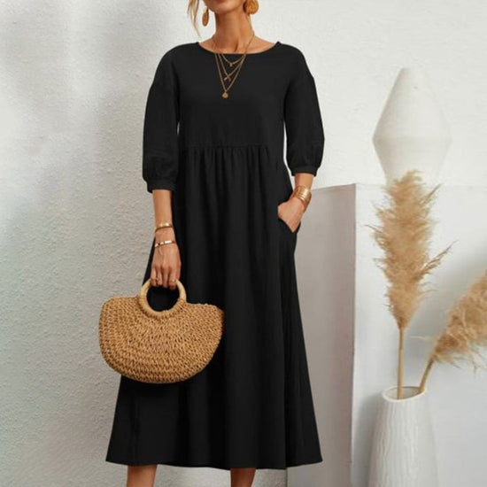 Classy Balloon Sleeve Plain Midi Dress