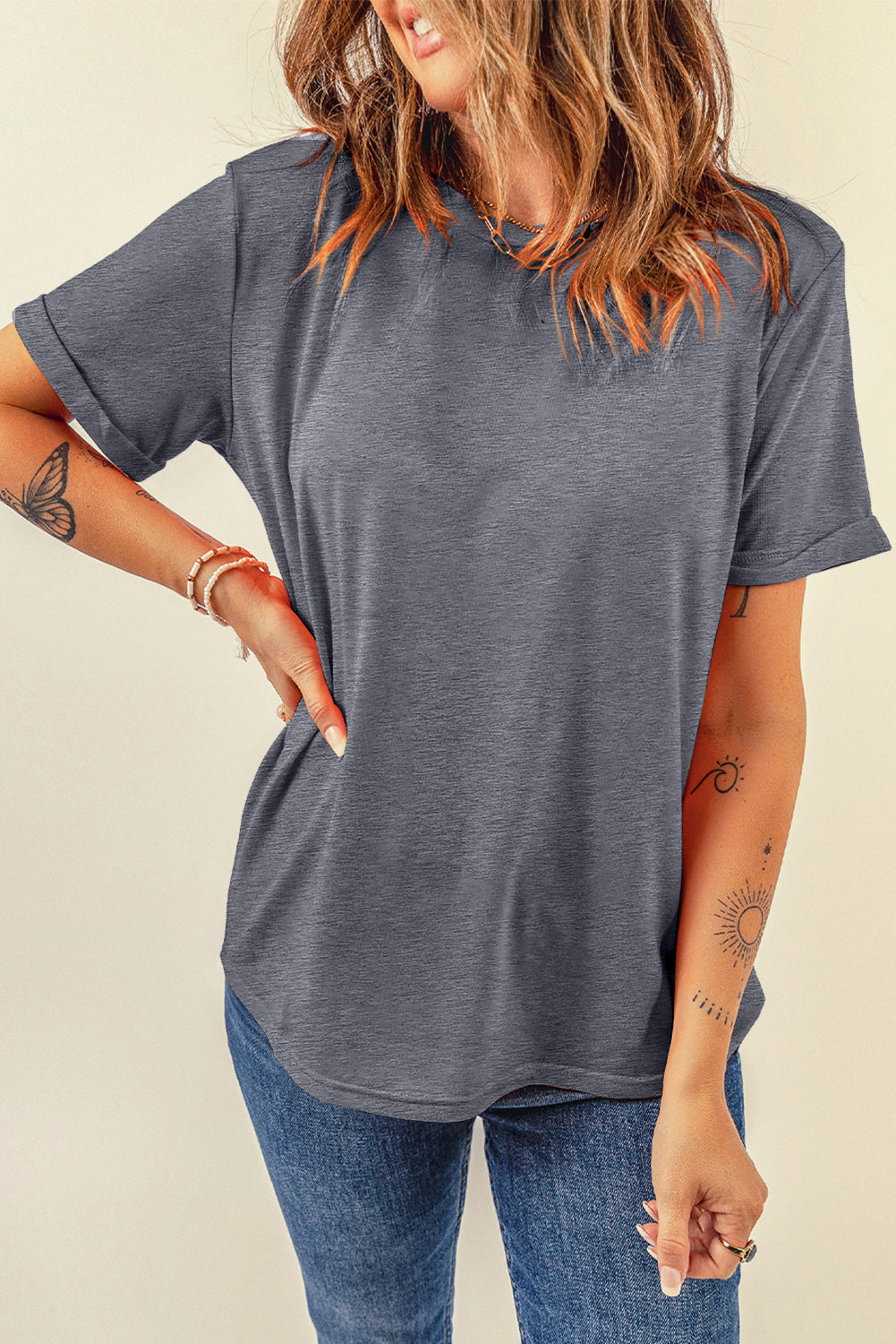 Blue Casual Plain Crew Neck Tee