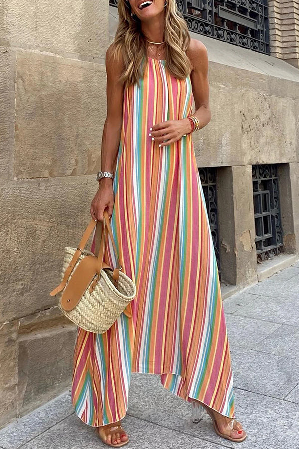 Bohemian Striped Print Colorblock Sleeveless Maxi Dress