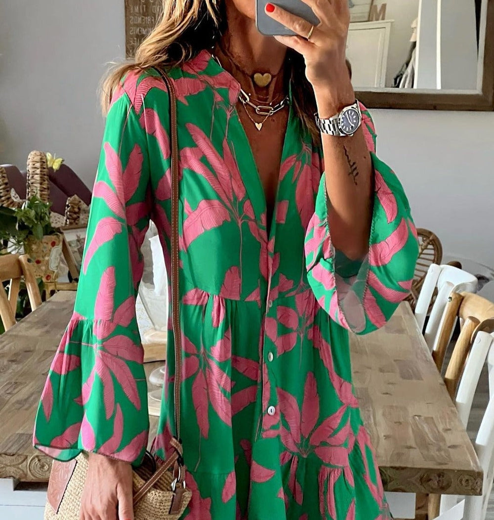 Green Print Long Sleeve V-Neck Mini Dress