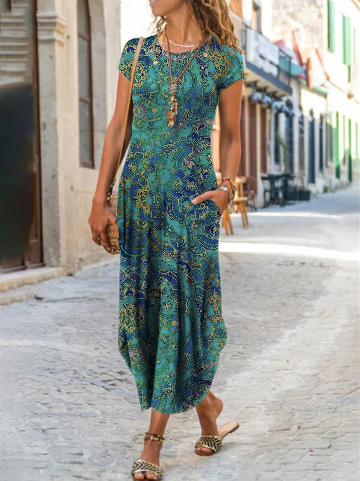 Round Neck Ombre Paisley Boho Vintage Midi Dresses