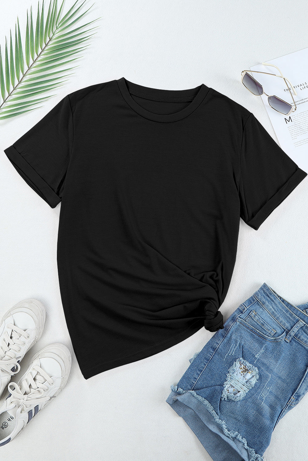 Blue Casual Plain Crew Neck Tee